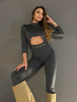 Outlet Tuta in lycra grigia schiena aperta e catenina Completi & Tute