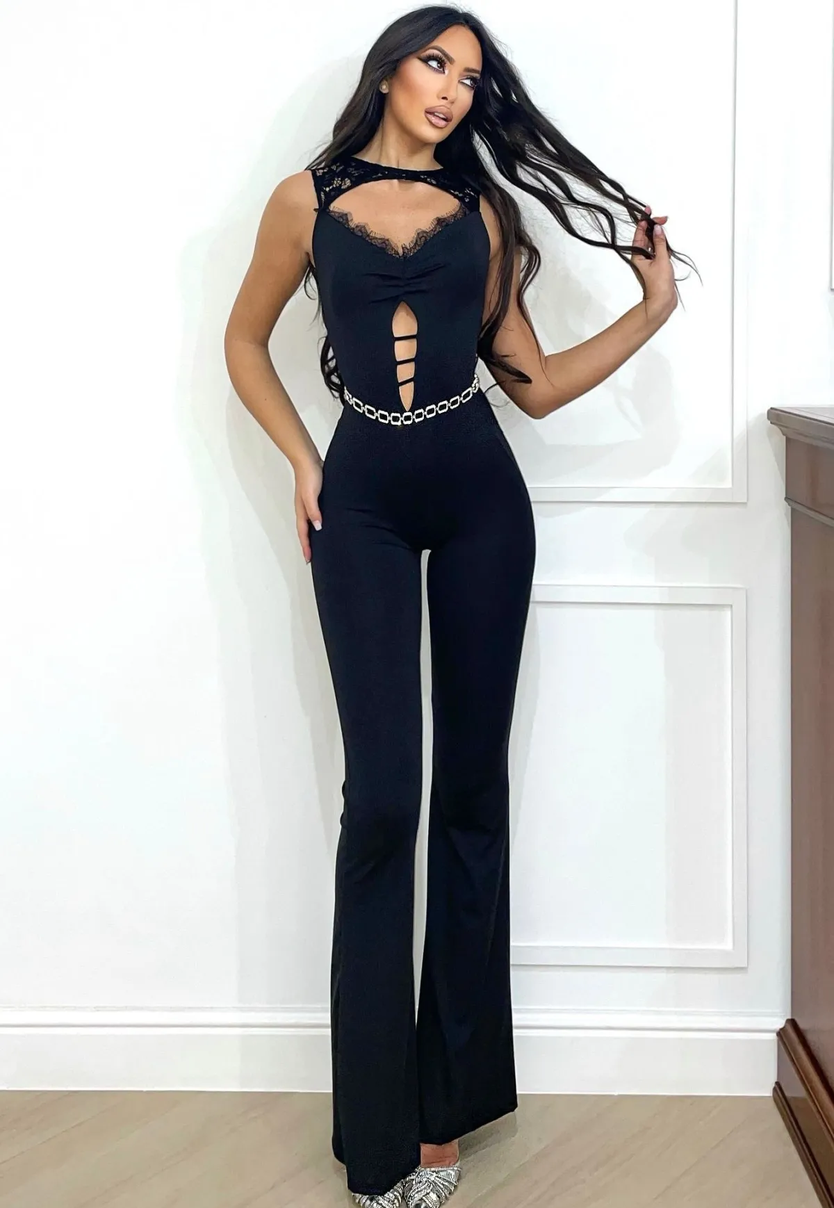 Discount Tuta nera con push up smanicata in pizzo Completi & Tute