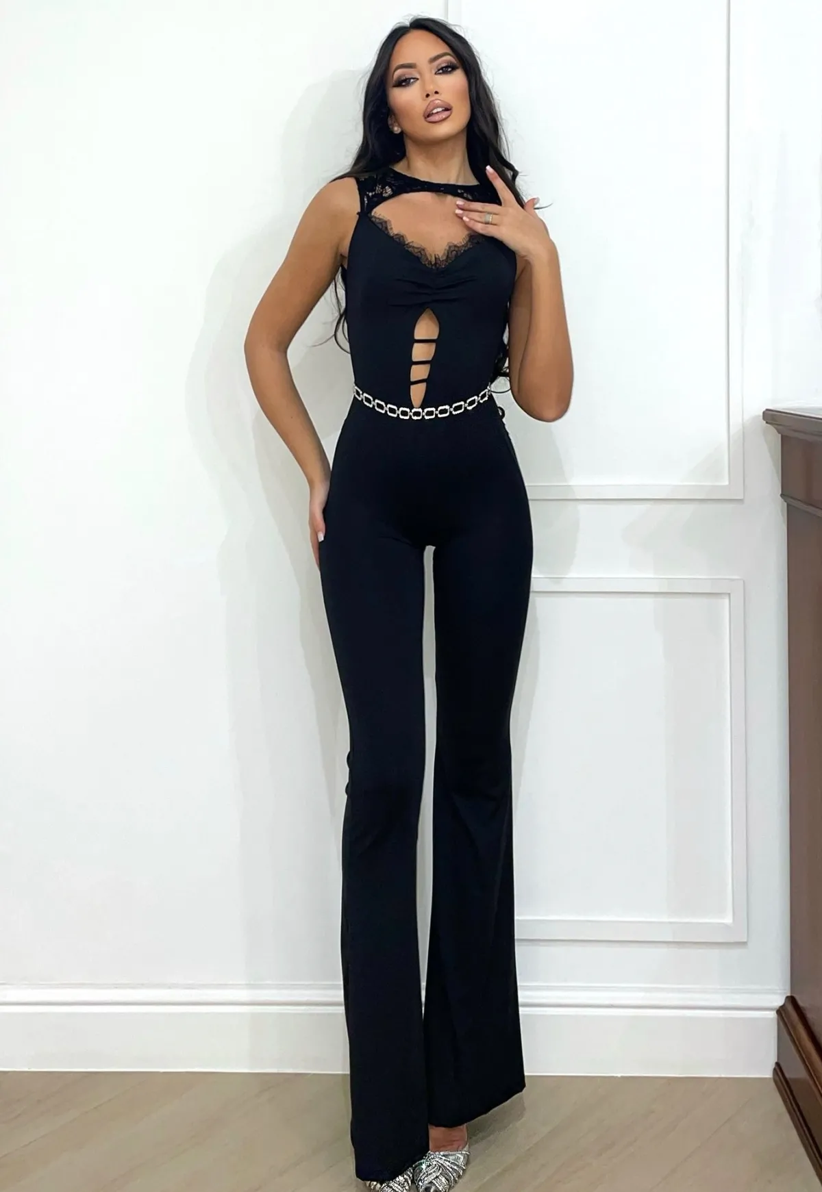Discount Tuta nera con push up smanicata in pizzo Completi & Tute
