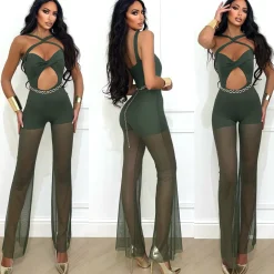 Discount Tuta verde militare con incroci e pantalone con trasparenze Completi & Tute